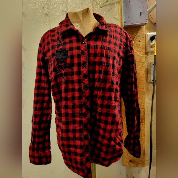 Faded Glory Tops - Faded Glory Red and Black Plaid  Embroidered Rose